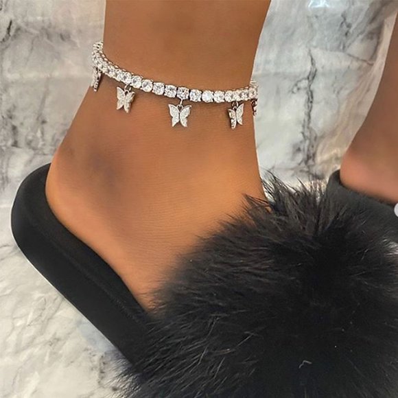 🍁925 Silver Plated CZ Cuban Link Tennis Butterfly Anklet, GPMB1519 - Picture 2 of 4